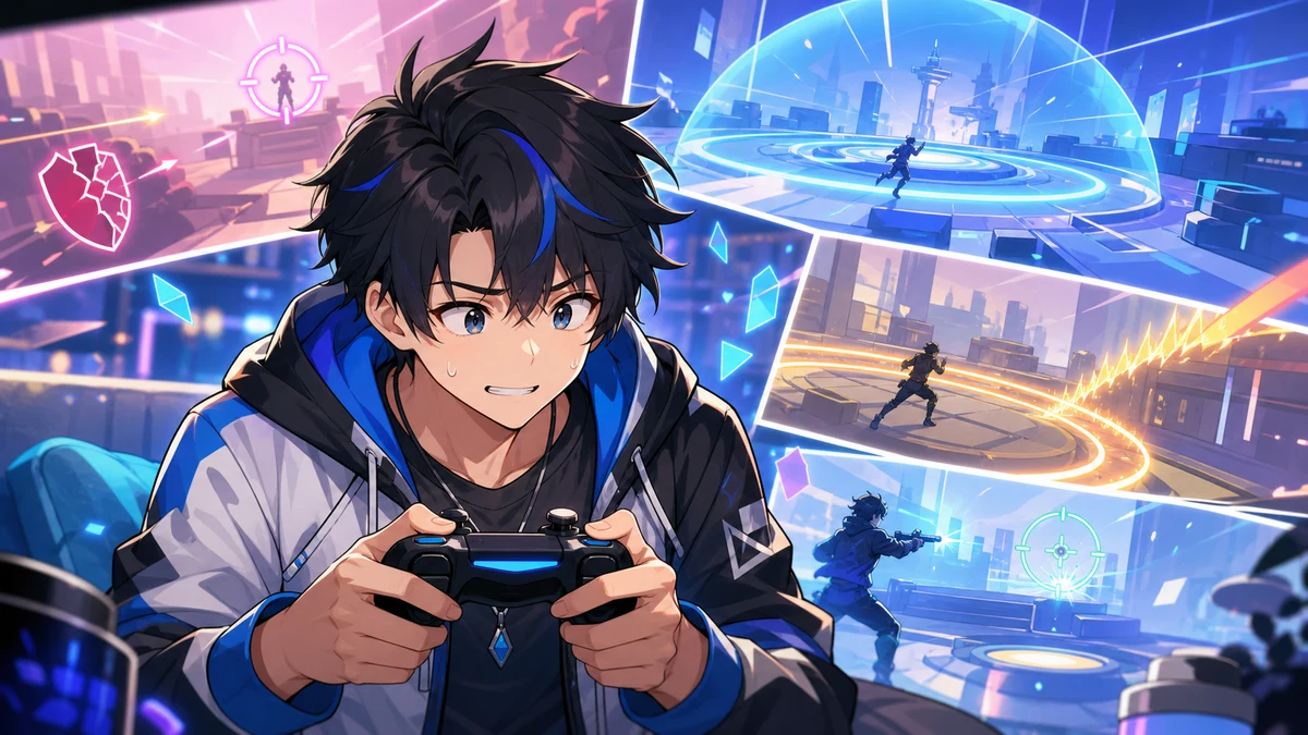 明るい未来的なゲーム空間で抽象的なリングと遠距離スコープを見つめる男性キャラクターのイメージ