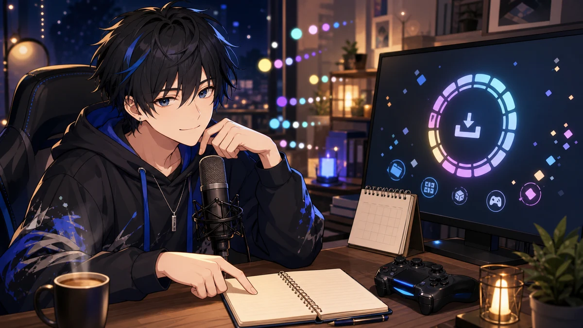 配信デスクで進行バーのある抽象的な画面を横目にコメントを読む男性キャラクターのイメージ