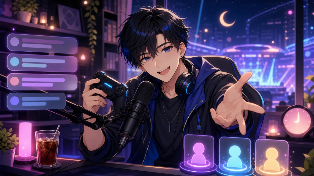 明るい配信部屋で黒髪の男性キャラクターがコントローラーを手に配信画面とコメント欄を見ているイメージ