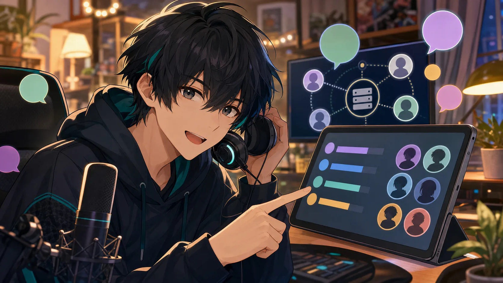 通話アイコンと投票パネルを眺めながら配信計画を考えるオリジナル男性キャラクターのイメージ