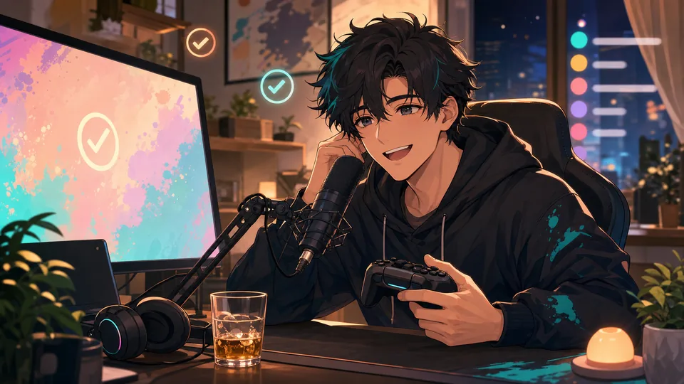 休日前の配信部屋でゲーム画面と飲み物を前にしたオリジナル男性キャラクターのイメージ