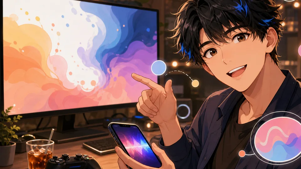 配信机のモニターとスマホ音声波形を前に案内先を整理するオリジナル男性キャラクターのイメージ