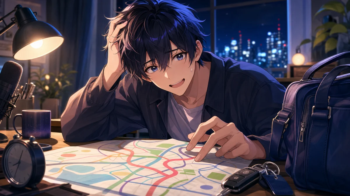深夜の配信机で仕事バッグと抽象的な地図を前に不安そうに笑う男性キャラクターのイメージ