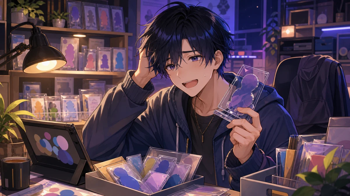 小さな配信部屋でグッズ棚と収納箱を前に置き場所を考える男性キャラクターのイメージ