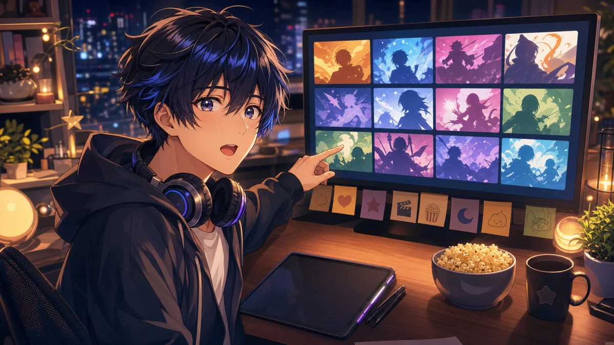 深夜の机でヘッドホンを首にかけ、抽象的なサムネイル一覧を指さす男性キャラクターのイメージ