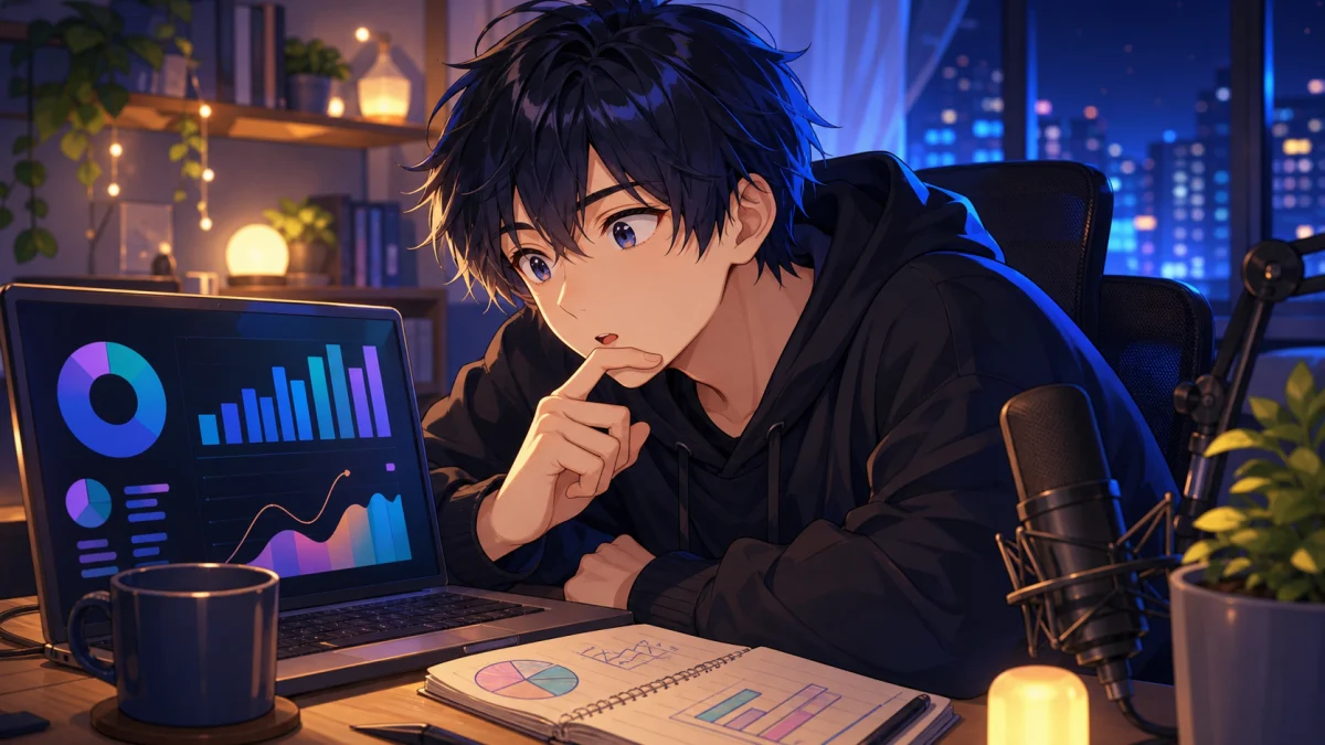 夜の机で抽象的なグラフ画面を見ながら視聴者の変化を考える男性キャラクターのイメージ