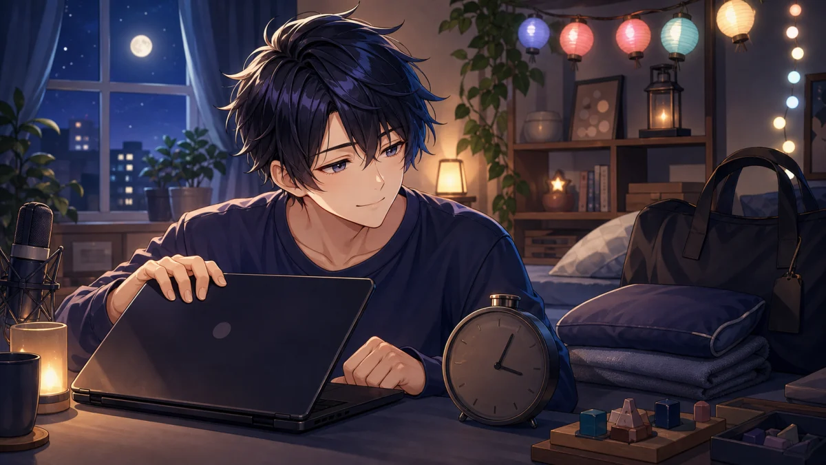 眠る前の部屋でノートPCを閉じ、仕事バッグと時計を横目にほっとする男性キャラクターのイメージ