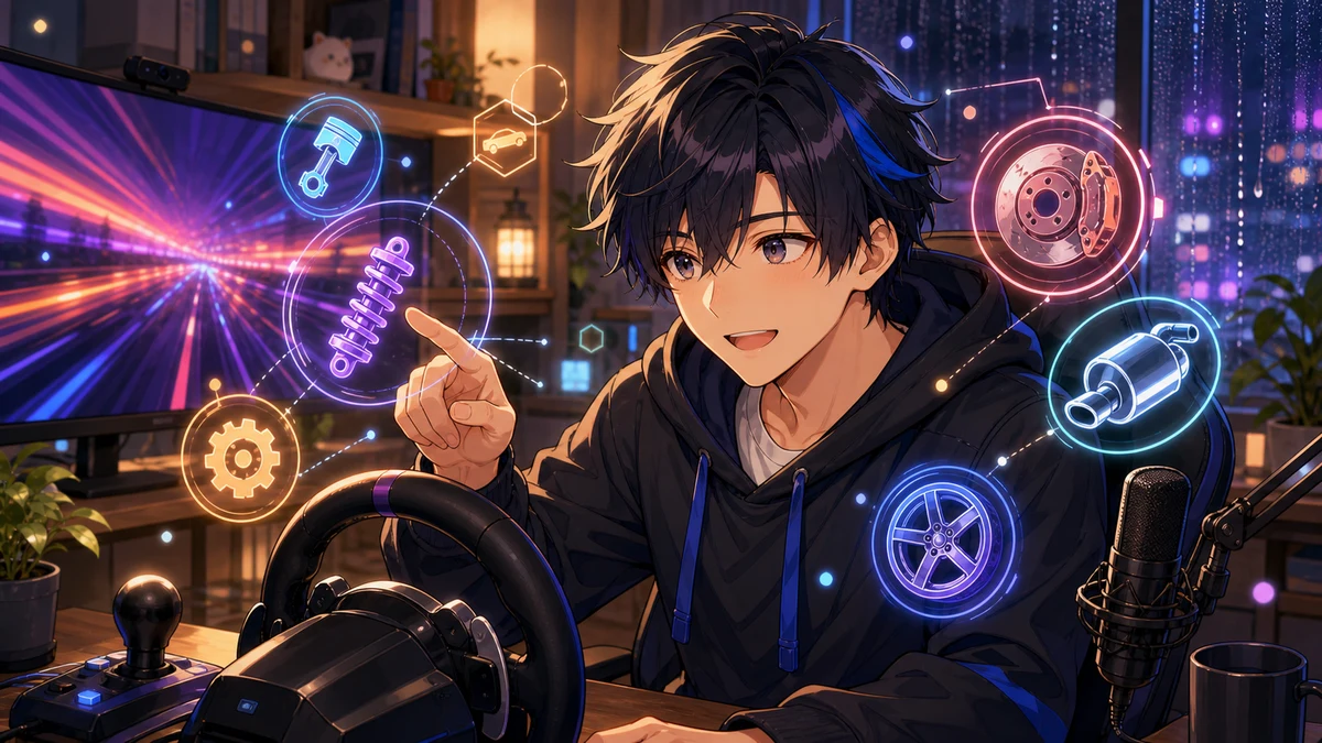 配信部屋でレーシングゲームの車を調整する男性キャラクターのイメージ
