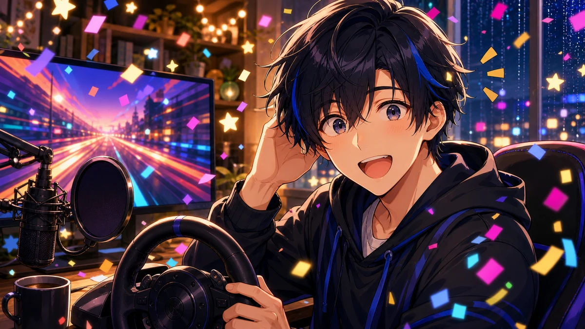 数字の達成を喜びながらゲーム配信を続ける男性キャラクターのイメージ