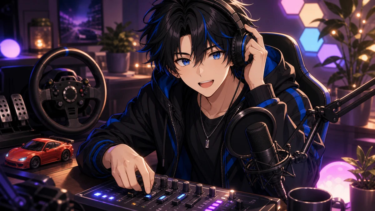 夜の配信部屋で黒髪の男性キャラクターがレースゲームを始めるイメージ