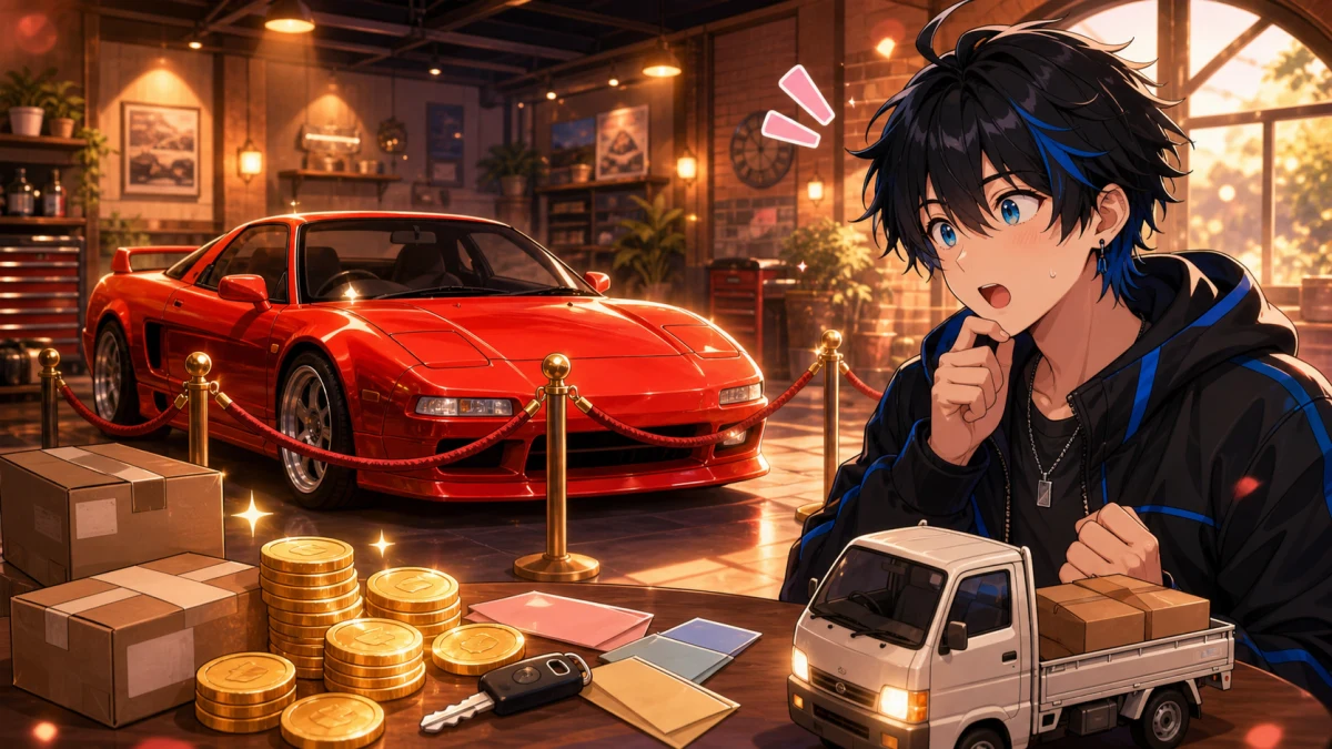 赤いスポーツカーを眺めながらコインや報酬画面を確認する配信イメージ
