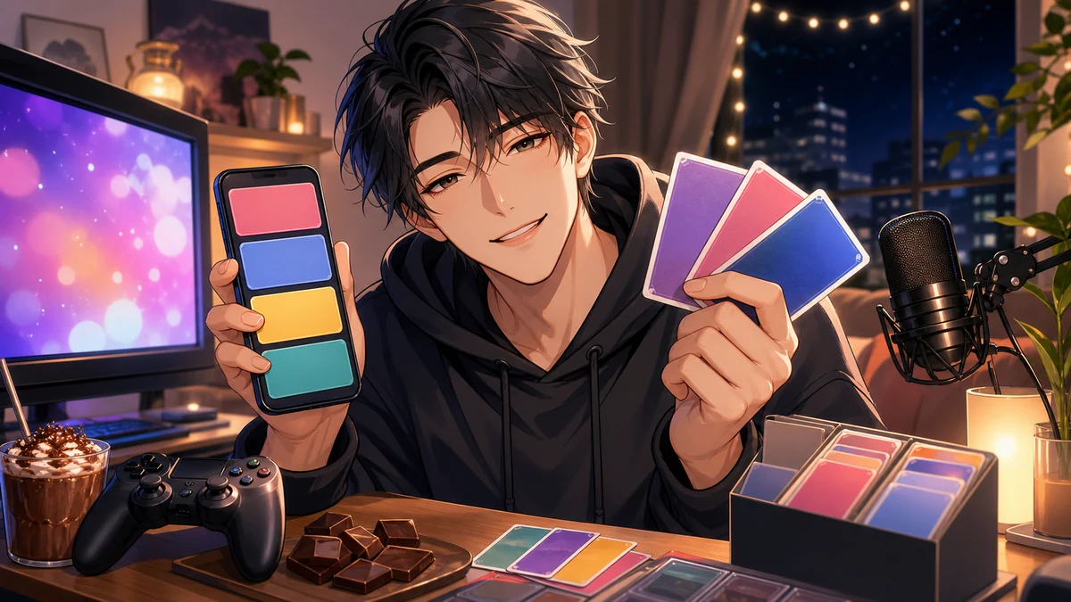 スマホ決済とゲームコントローラーとカード束を前に深夜雑談する男性キャラクターのイメージ
