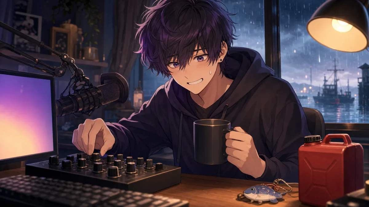 雨の港でゲーム画面を出す前に音量つまみと配信メモを確認するオリジナル男性キャラクターのイメージ