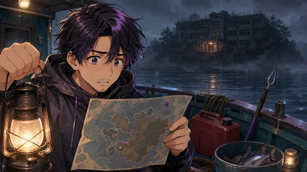 霧の海図を見ながら暗い学校跡へ向かう小舟の前で身構えるオリジナル男性キャラクターのイメージ