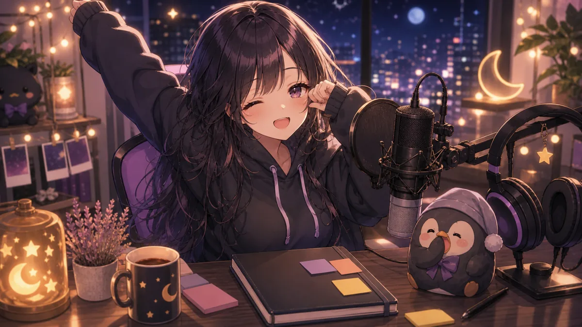 休み明けの深夜、デスクでスケジュール帳を開くオリジナルキャラクターのイメージ