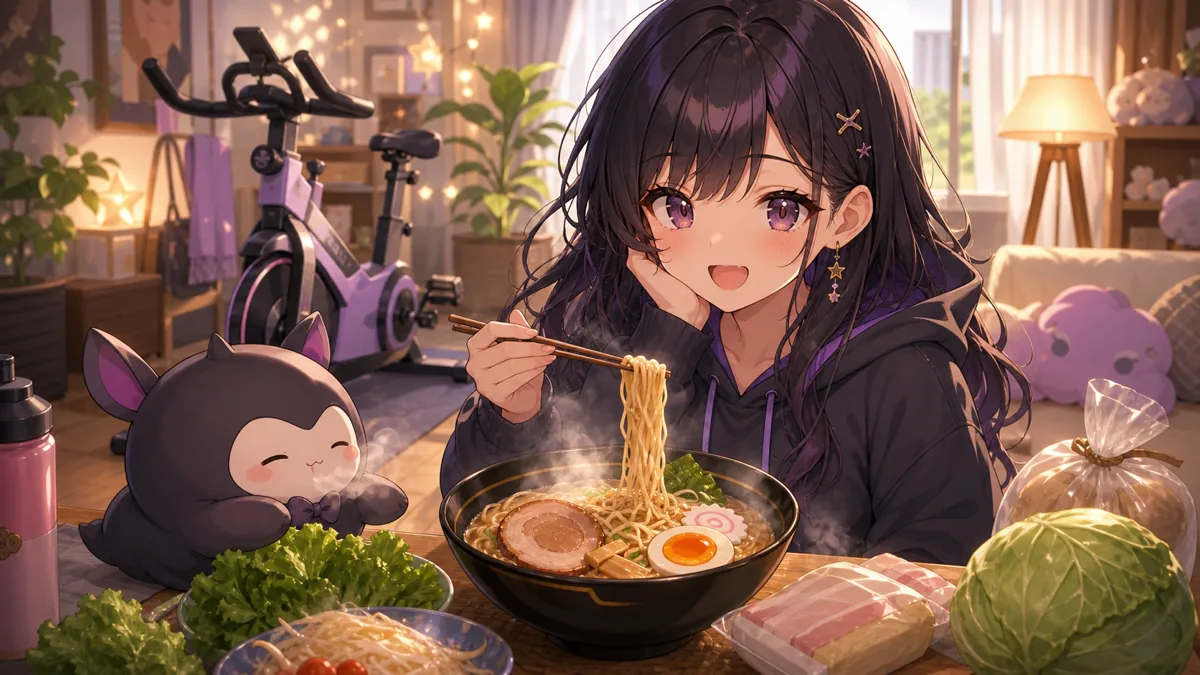 ラーメンの湯気とエアロバイクを前に悩むオリジナルキャラクターのイメージ