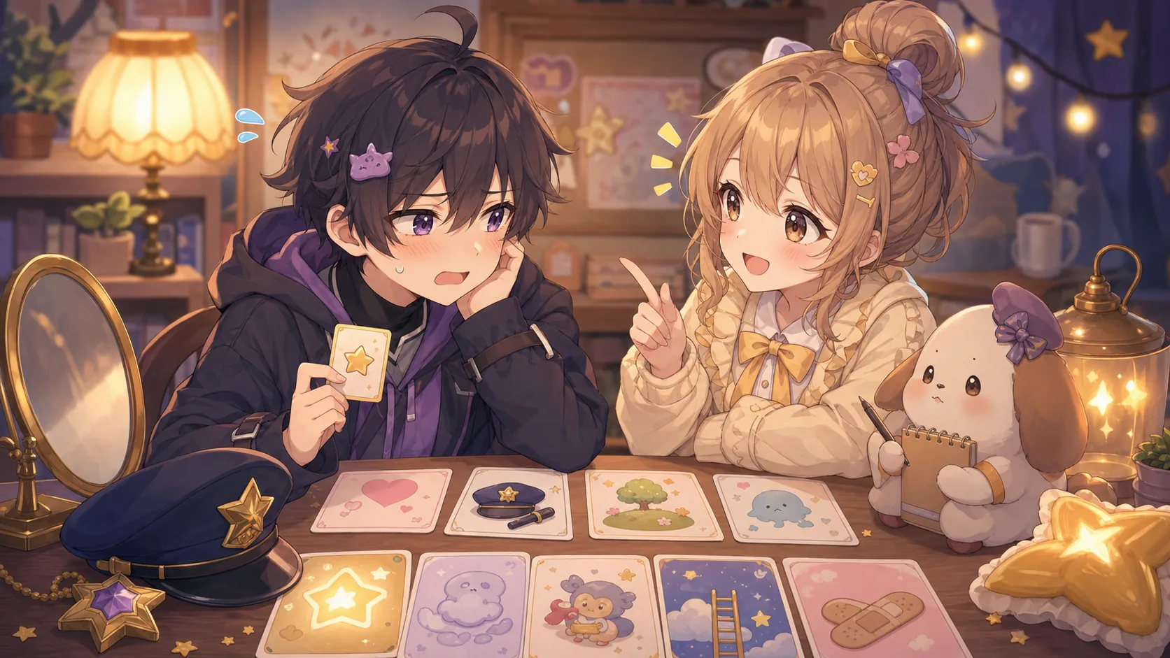 長所カードと夢のメモを並べて相方の読みを考えるオリジナルキャラクターのイメージ