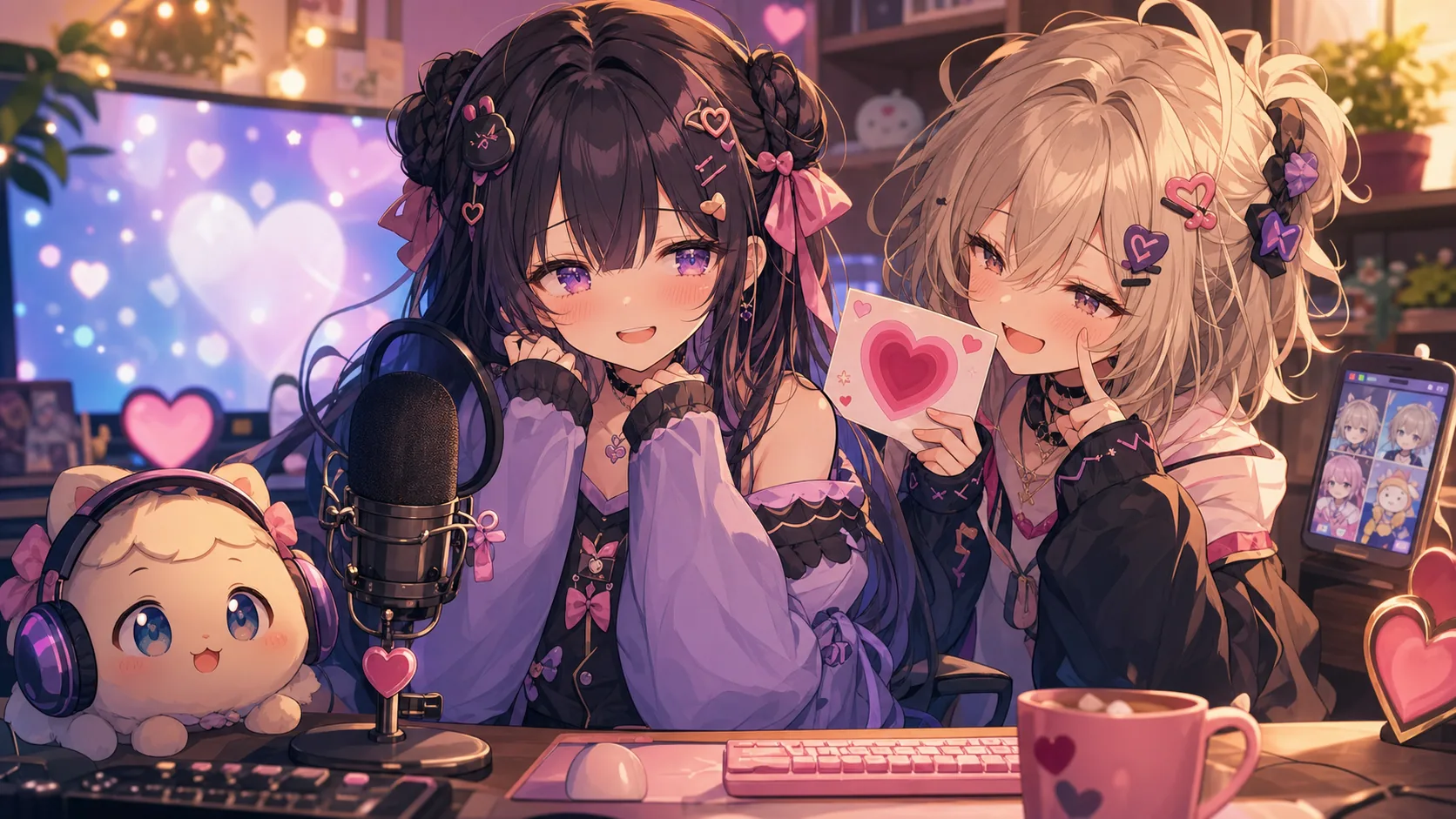 配信机の光とかわいい顔のメモを前に照れるオリジナルキャラクターのイメージ