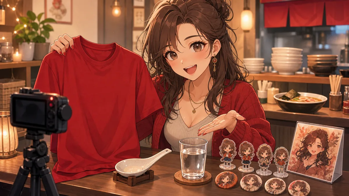 コラボTシャツやレンゲ、お冷グラスを並べて紹介するオリジナル女性キャラクターのイメージ