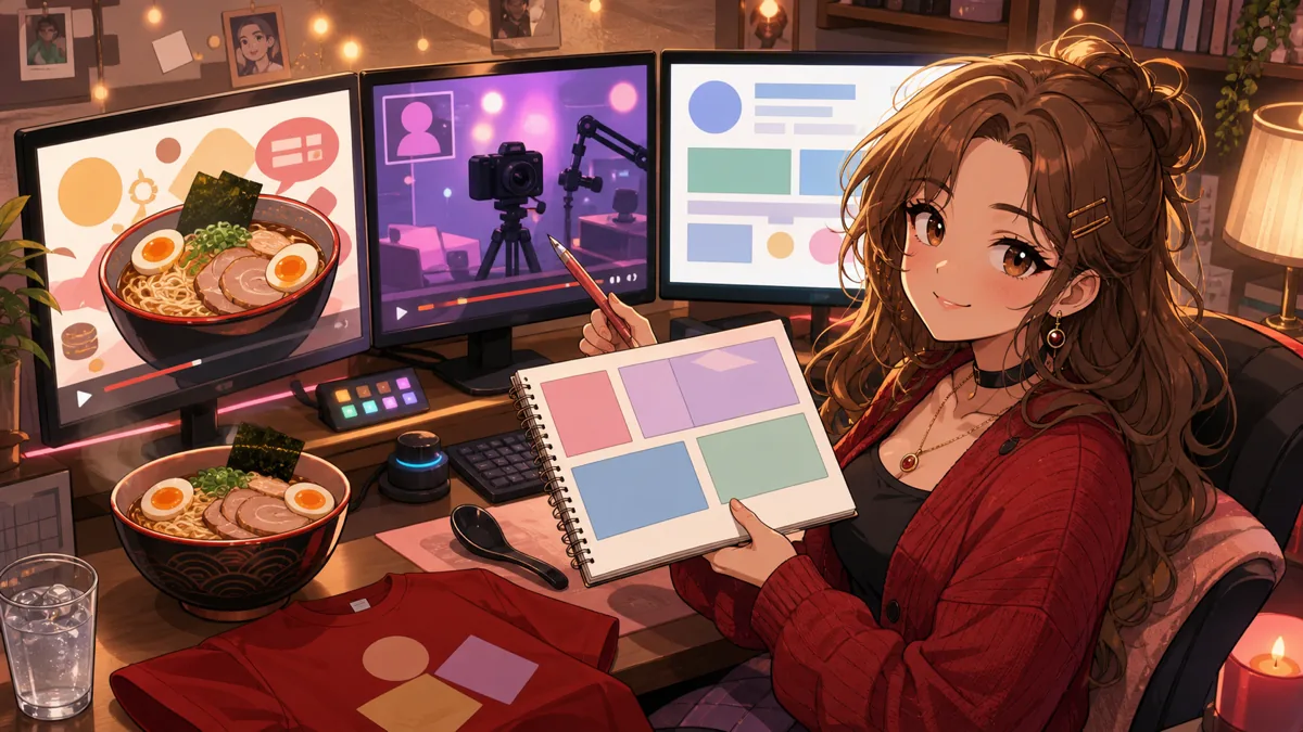 配信アーカイブ、実写動画、公式告知を見比べるオリジナル女性キャラクターのイメージ