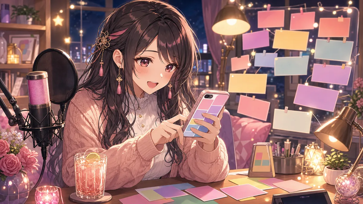 スマートフォンの投稿を見ながら飲み雑談するオリジナル女性キャラクターのイメージ