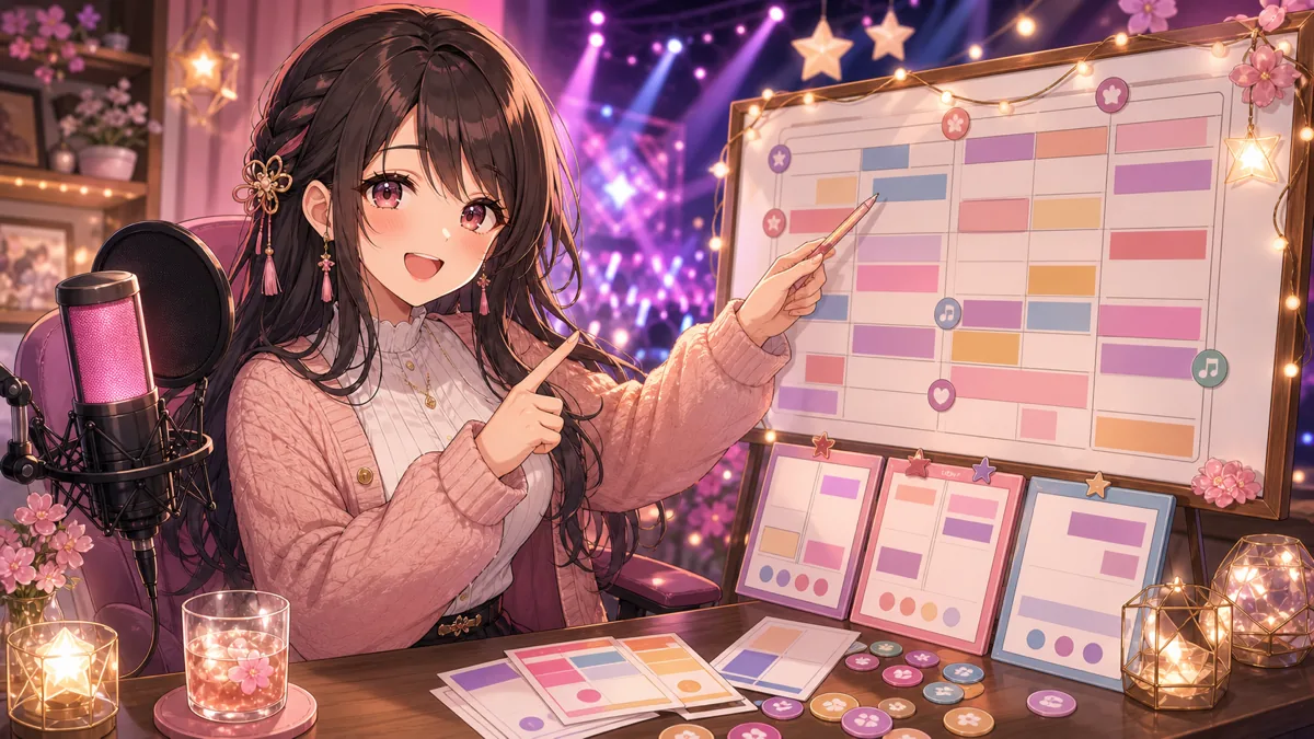 カラフルな予定表を前に次のコラボを考えるオリジナル女性キャラクターのイメージ