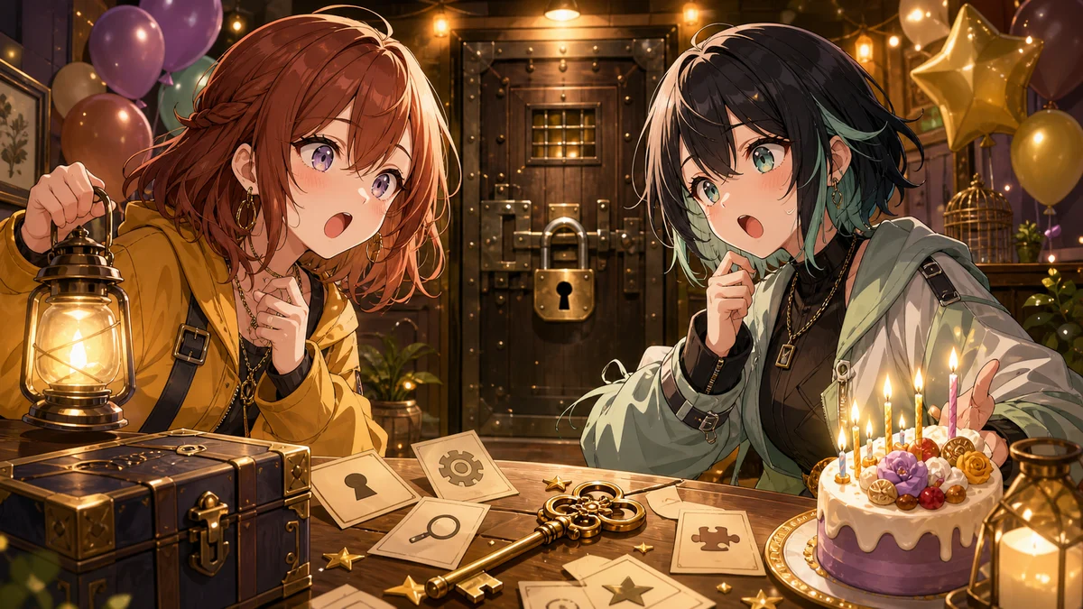 ランタンとケーキのある閉じた部屋で鍵と扉を見つめる二人のオリジナルキャラクターのイメージ