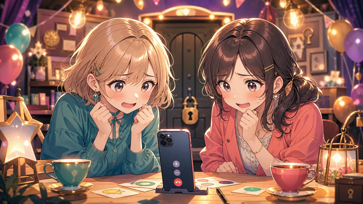 スマートフォンを囲んで通話ミッションに挑むオリジナルキャラクターのイメージ