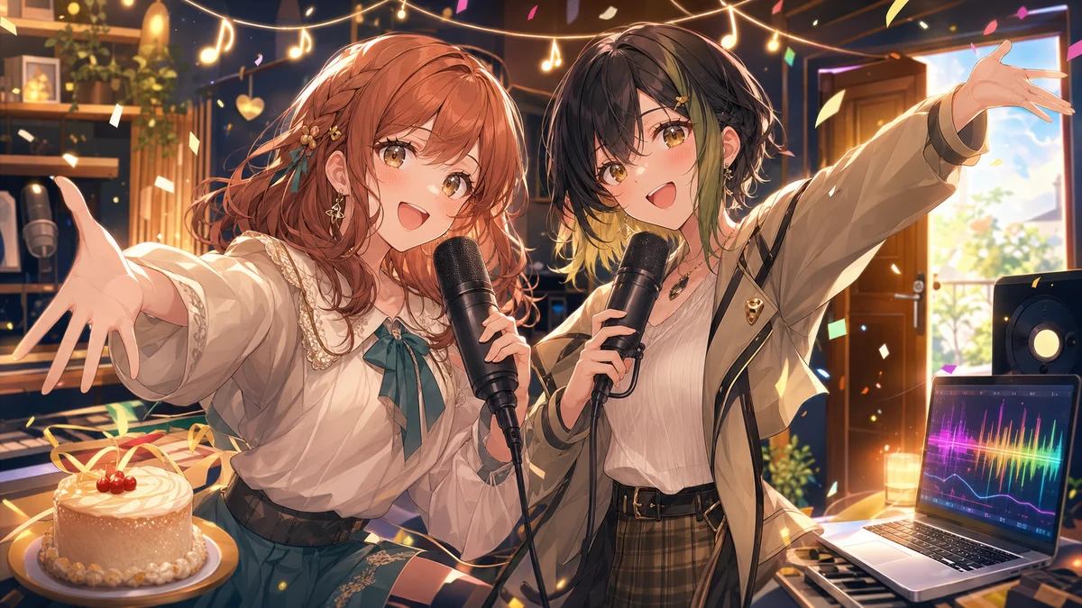 音楽スタジオでマイクを持ち開いた扉の前で祝う二人のオリジナルキャラクターのイメージ
