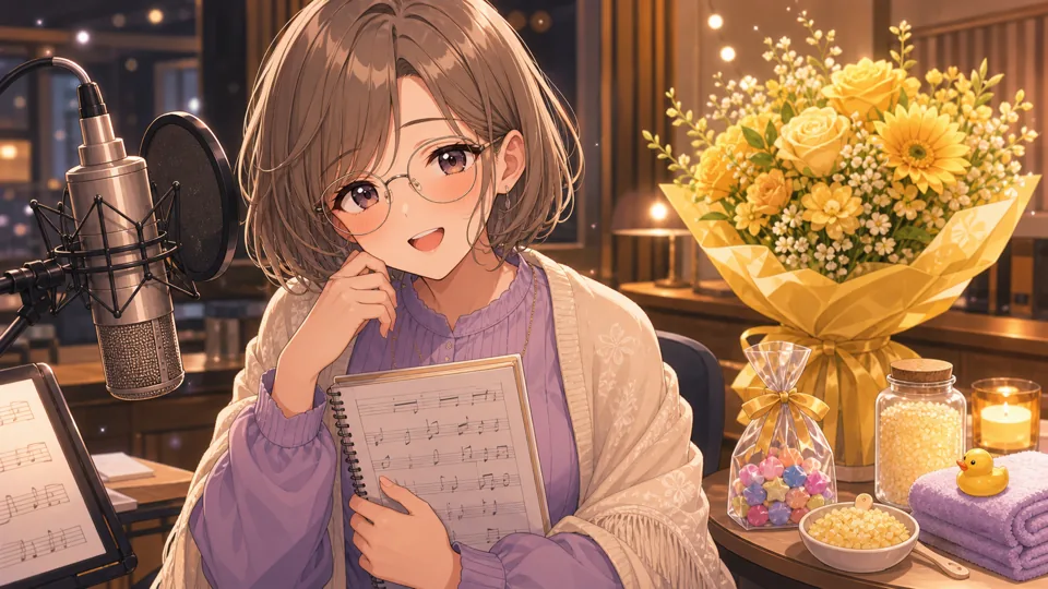 配信部屋でボイトレノートと花束を前に笑うオリジナル女性キャラクター