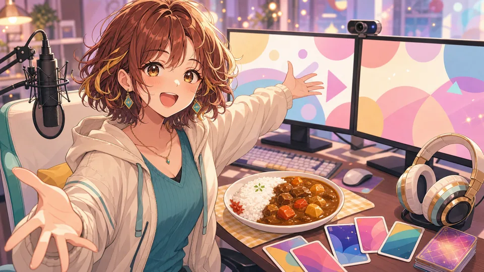 カレー皿と配信モニターを前に元気に説明するオリジナル女性キャラクター