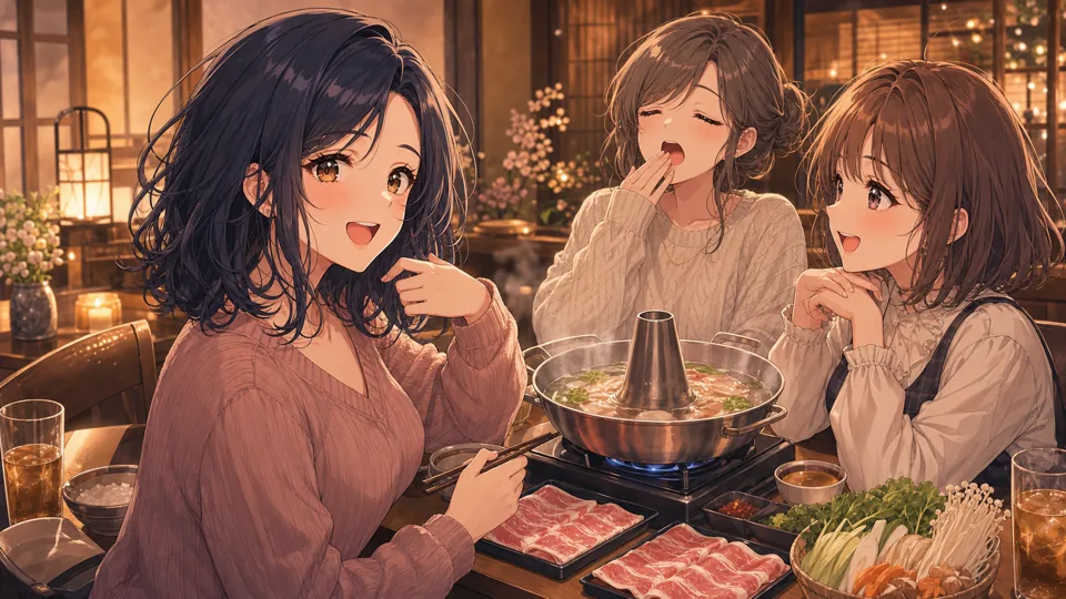 しゃぶしゃぶ鍋のある明るい食事席で会話するオリジナル女性キャラクター二人
