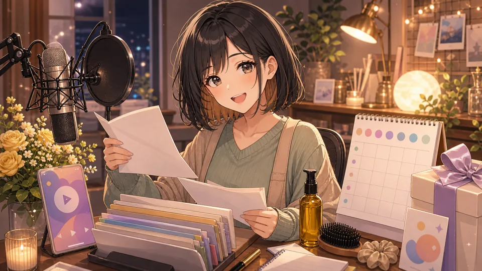 カレンダーとヘアケア用品と音楽ノートを並べて月末作業をするオリジナル女性キャラクター