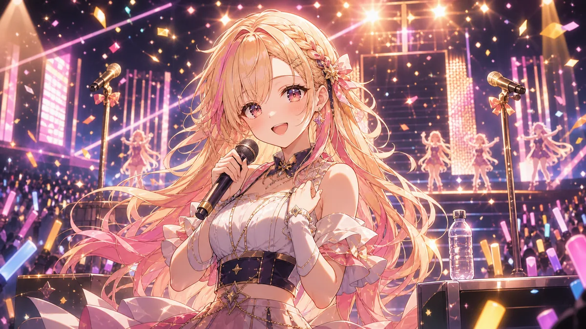 全編ライブの幕開けでマイクを握るオリジナル女性キャラクターのイメージ