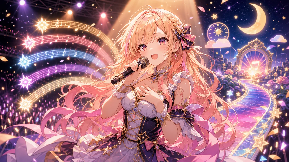 ソロパートから新曲へ続く光の道を歌うオリジナル女性キャラクターのイメージ