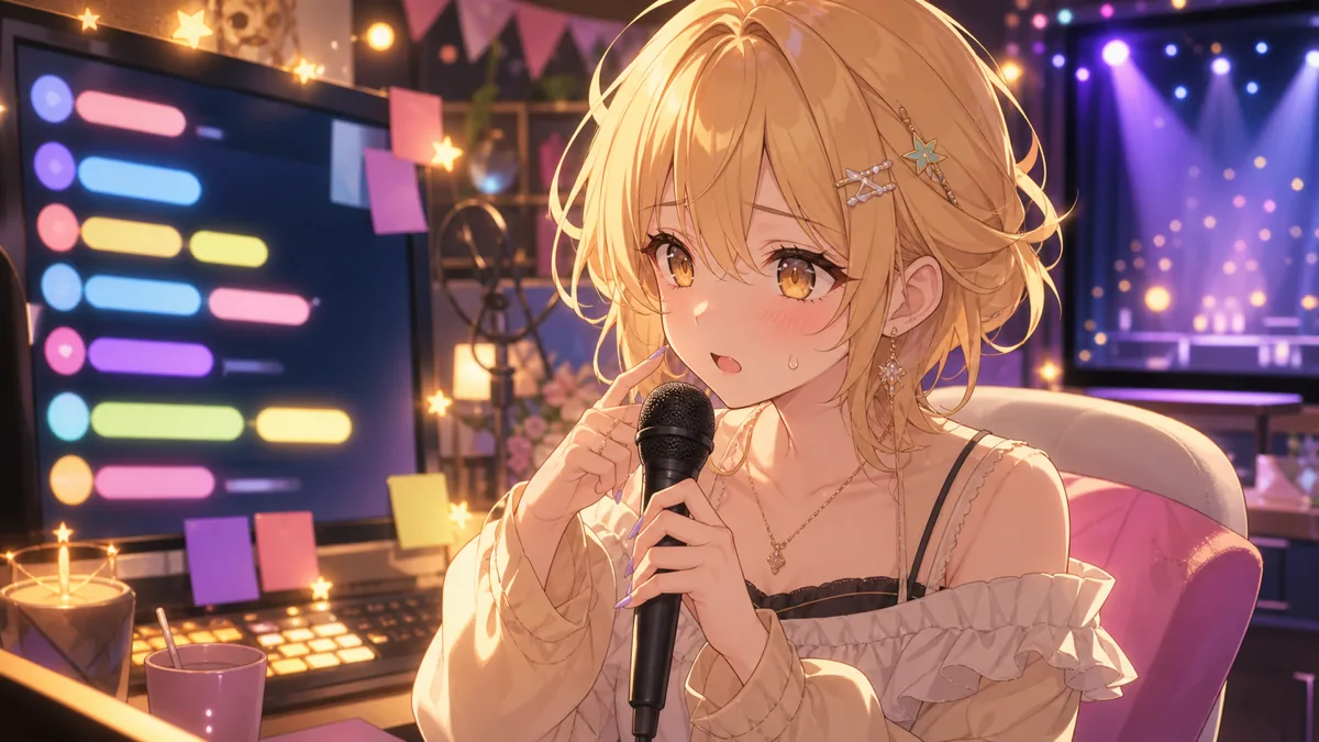 誕生日前夜の配信部屋でコメント欄を確認するオリジナル女性キャラクター