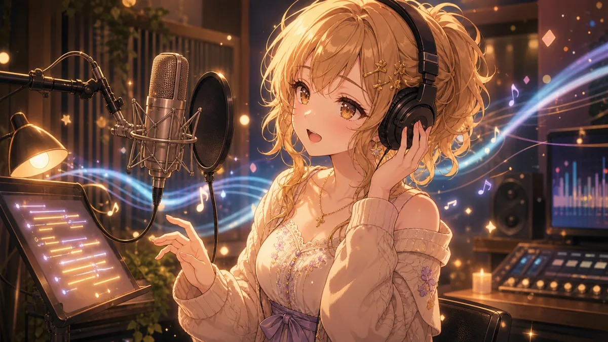 録音ブース風の部屋で譜面とマイクに向き合うオリジナル女性キャラクター