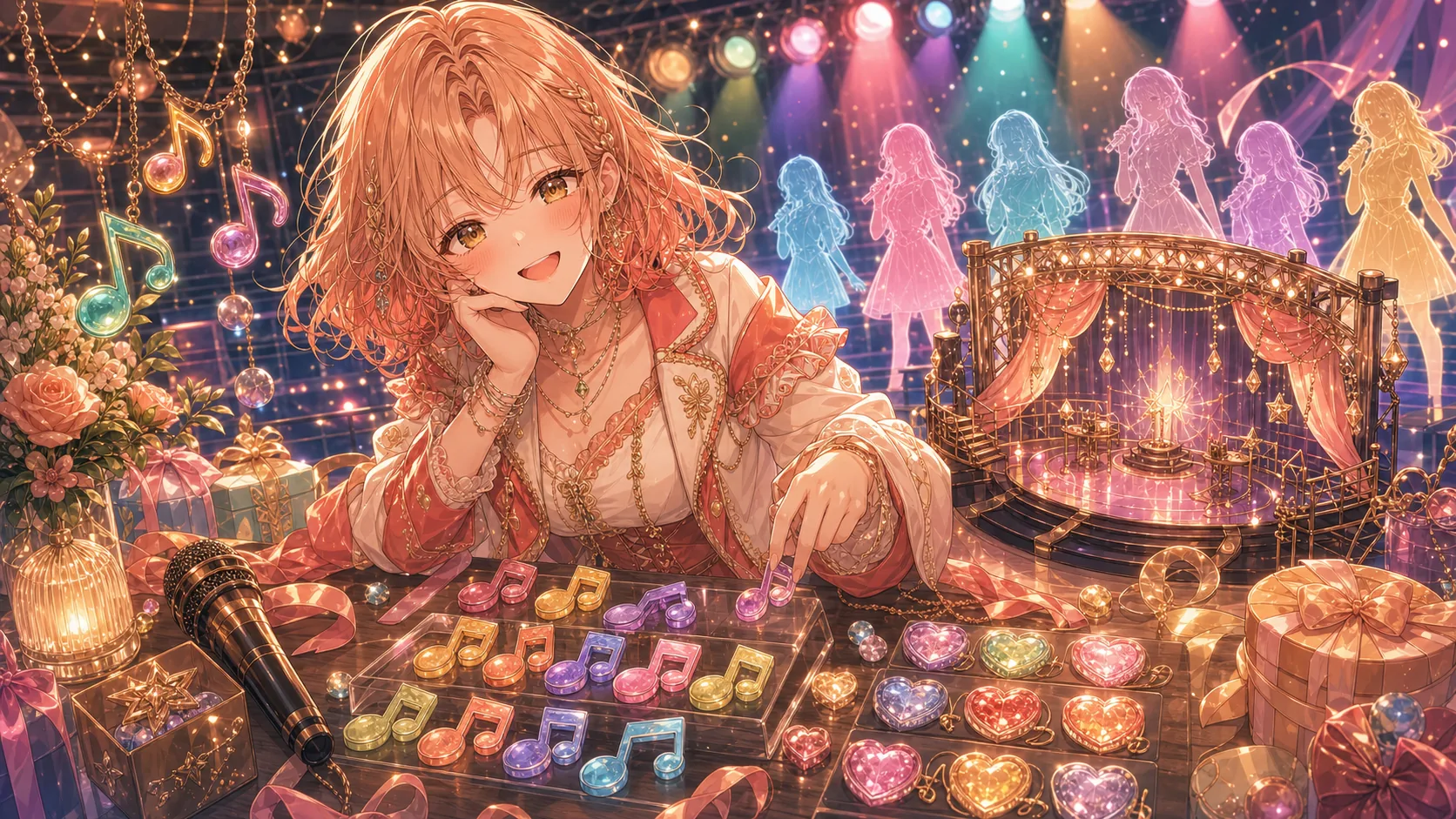 色とりどりの楽譜カードと小さなステージ模型を並べて選曲を考えるオリジナル女性キャラクターのイメージ