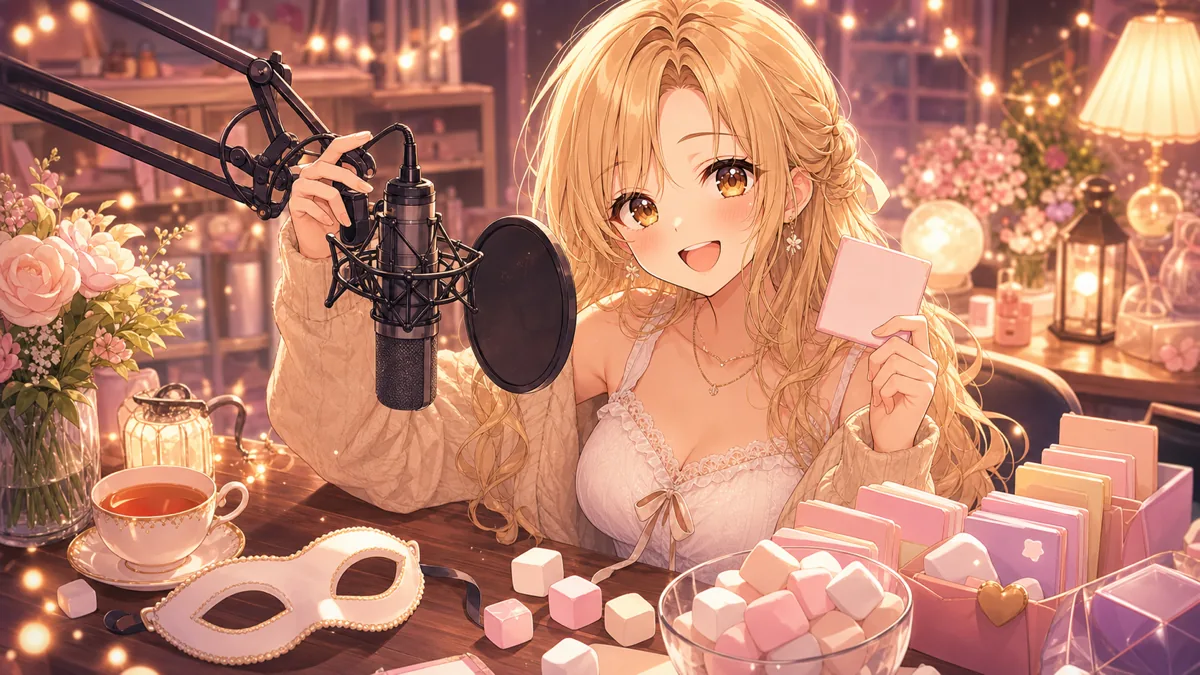 マスクとマシュマロカードを置いた配信机でマイクを調整するオリジナル女性キャラクターのイメージ