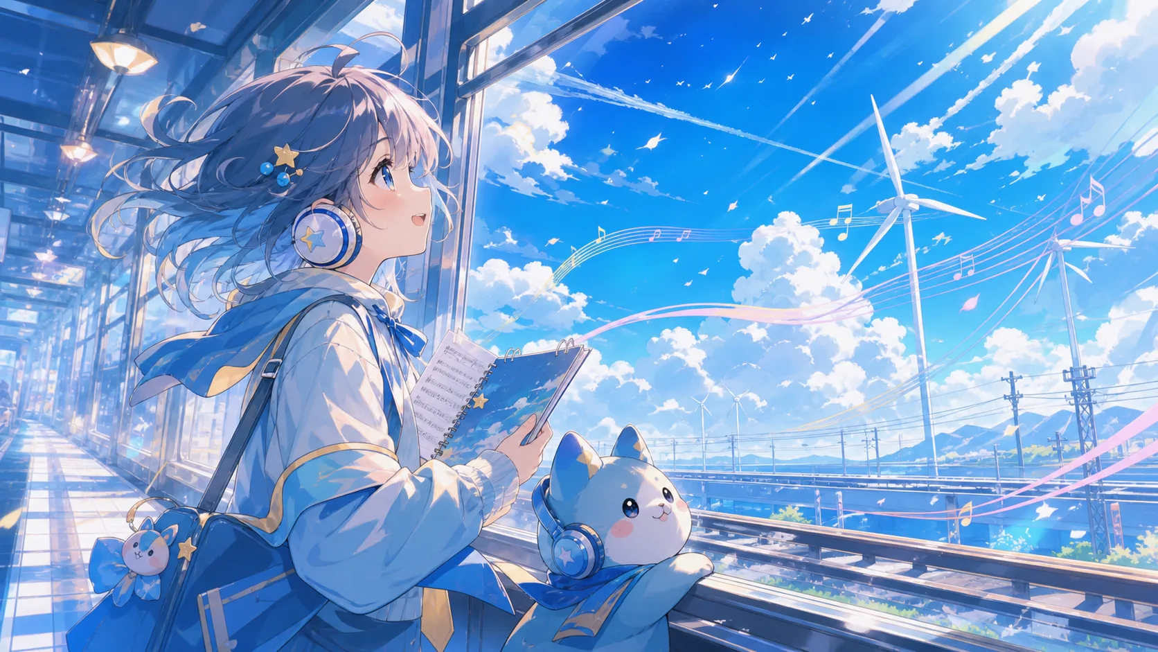 窓辺と空へ伸びる線路を、かわいいオリジナルキャラクターが歌声のメモと一緒に見上げるイメージ