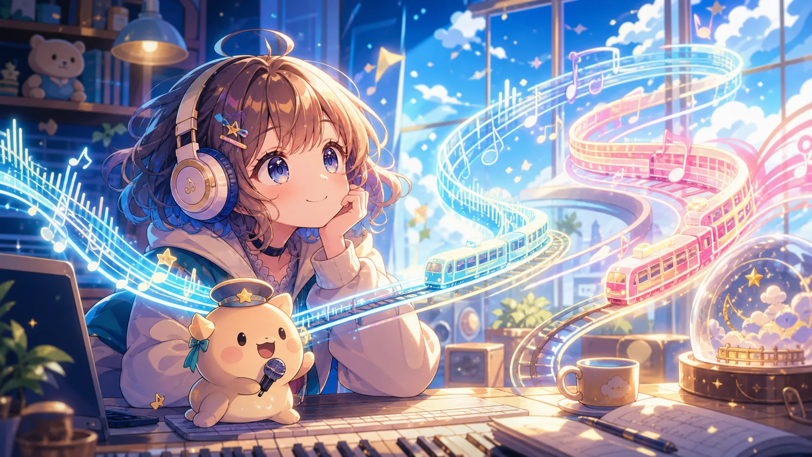 空色の音符と小さな列車モチーフを前に、二つの歌声を聴き比べるオリジナルキャラクターのイメージ