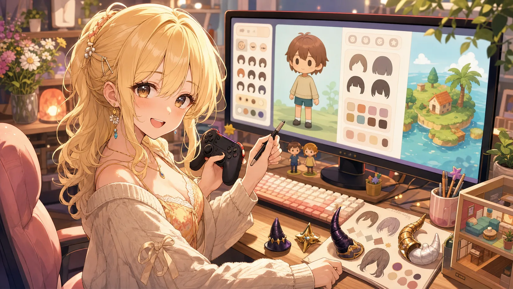新住民を作るため、角と前髪の形を考えるキャラクリ画面風イラスト