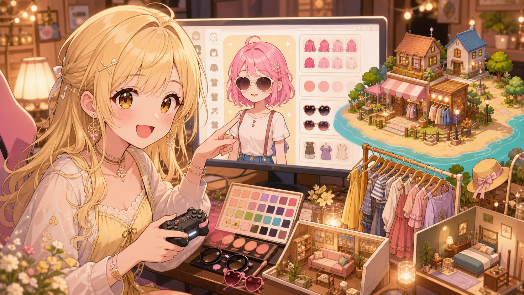 服屋が開いた島で、ピンク髪の新住民を作る準備をするキャラクリ画面風イラスト