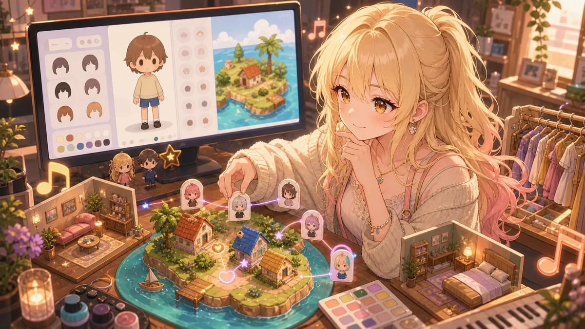 島の模型とアバター作成画面を見比べながら関係のつながりを整理するイラスト