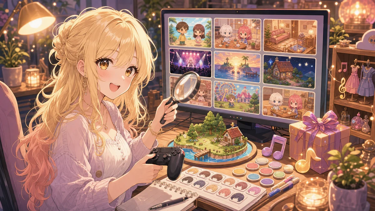 配信アーカイブの場面と小物を見比べながら確認元を整理するデスクのイラスト