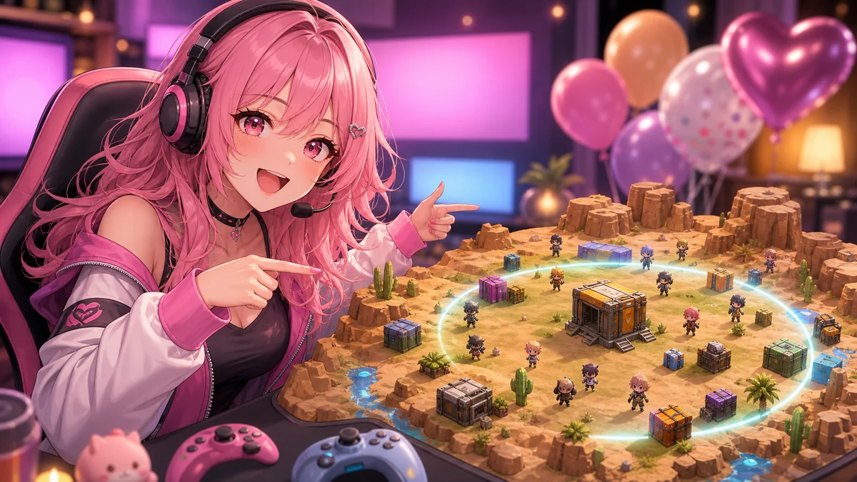荒野の拠点を見下ろしながらゲーム大会を実況するピンク髪の女性キャラクターのイメージ
