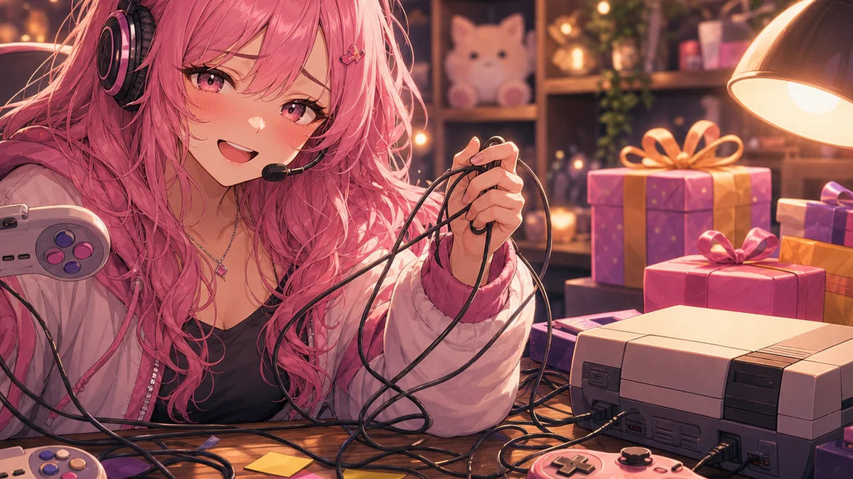 ゲーム機と予定表を前に少し困りながら笑うピンク髪の女性キャラクターのイメージ