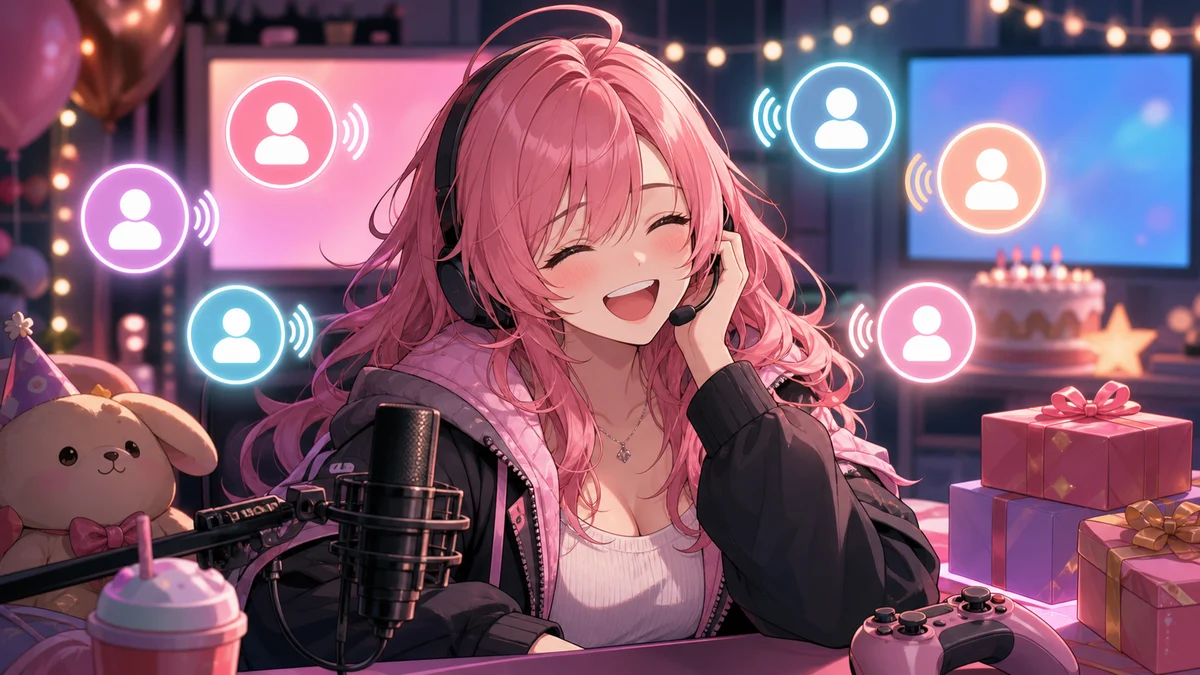 配信画面の前でヘッドセットをつけた女性キャラクターが通話アイコンを見ながら笑うイメージ