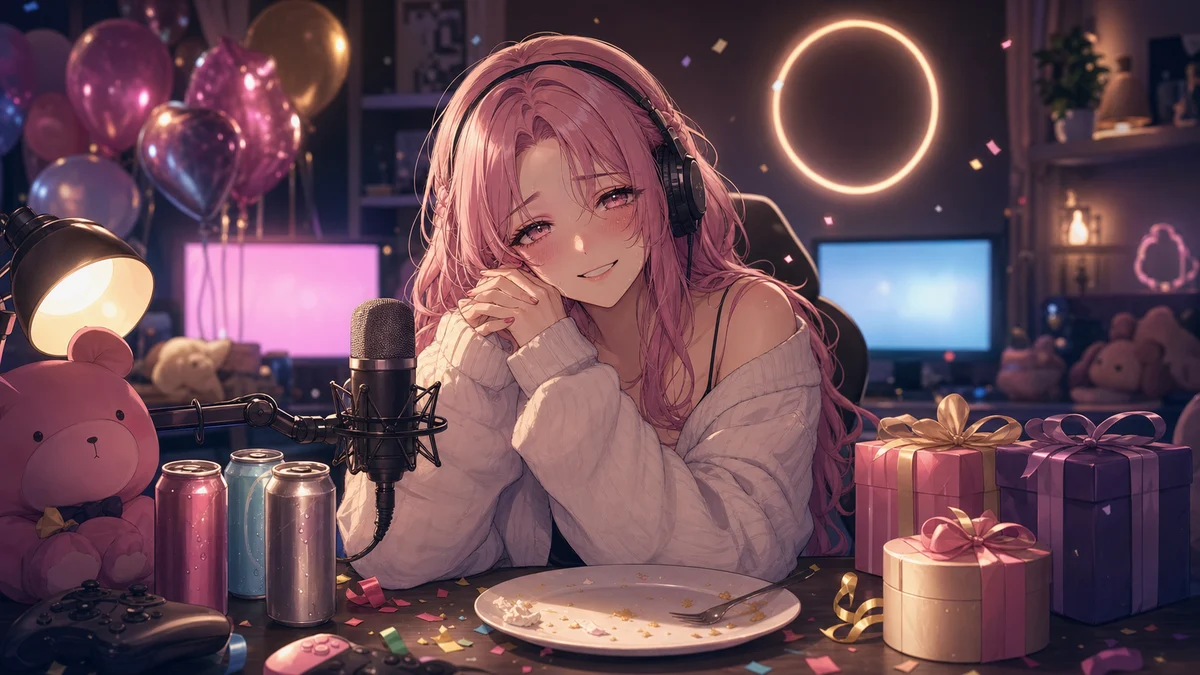 夜の配信部屋でプレゼント箱とゲーム機を片付けながら手を振るピンク髪の女性キャラクターのイメージ