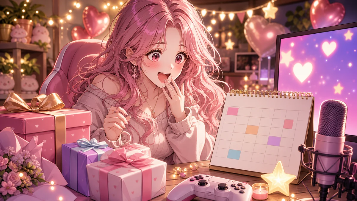 配信机の前でピンク髪の女性キャラクターがプレゼント箱とカレンダーを見比べるイメージ